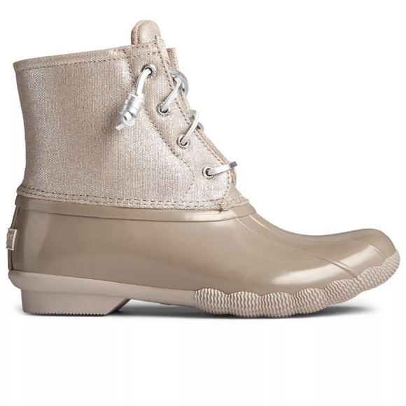 Sperry Saltwater Waterproof Silver Beige Shimmer Dove Duck Booties Rain Boots - Picture 3 of 17